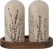 Set solniță și pipernița din ceramică, natur, cu ilustrații botanice pictate manual, cu suport din lemn de acacia, 12.5x5.5x11 cm, „Bea"