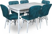 Set masa extensibila cu 6 scaune tapitate Homs cristal-blue-picior-alb-170 x 80 cm