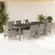 vidaXL Set mobilier de grădină cu perne 9 piese gri poliratan &amp; sticlă