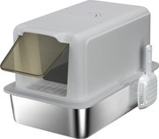 PawHut Litieră din Oțel Inoxidabil pentru Pisici cu Capac Detasabil, Lopățică, Pungi Filtrante, pentru Pisici Mari, Albă | Aosom Romania