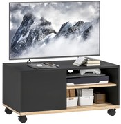 HOMCOM Stand TV pe Roți cu 2 Frâne - 2 nișe + Dulap cu Ușă 2 Treceri pentru Cablu - din Lemn Negru și Stejar Deschis | Aosom Romania