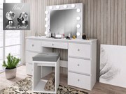 SEA516C - Set Masa toaleta, 120 cm, cosmetica machiaj, masuta vanity, oglinda cu LED-uri cu manere tip Cristal - Alb