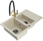 Mexen Gaspar chiuvetă de granit cu 1,5 cuve cu scurgător și baterie de bucătărie Duo, bej - 6507-69-671701-57-B