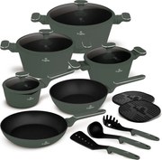 Set oale si tigai cu capace, 15 piese Green Matt Berlinger Haus BH 8208N, verde mat, antiaderente cu titan, inductie