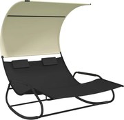 vidaXL Șezlong balansoar plajă dublu/baldachin, negru/crem, textilenă