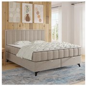 Pat tapițat ALICIA 160x200 cm, bej, cu saltele, topper și spațiu de depozitare