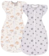 Set 2 sisteme de infasat transformabile in sac de dormit, 1-6 luni Kidizi Swaddel Confort UP Grey Stars Pastel, 100% bumbac, 0.5 tog