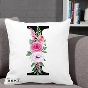 Cadou Personalizat - Perna Personalizata Monograma Florala Litera I, 40x40 cm, Alba Mata, Husa Detasabila, Perna Inclusa, BEKZ®