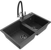 Mexen Tomas Chiuvetă de granit cu 2 compartimente și baterie de bucătărie Duo, Negru cu picățele - 6516-76-671701-07-B