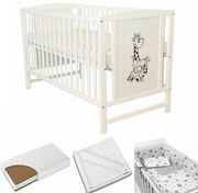 Patut din lemn masiv 120x60 cm Bria alb, include saltea cocos LUX 9 cm, protectie impermeabila si set lenjerie matlasata 5 piese Kidizi