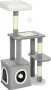 PawHut Ansamblu de joacă zgârietoare pentru pisici cu căsuță, pat și 2 mingi, din lemn și pluș, 55x40x107 cm, gri și alb | Aosom Romania