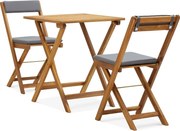 vidaXL Set de bistro pliabil, 3 piese, cu perne, lemn masiv de acacia