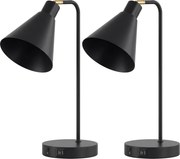 HOMCOM Set de 2 Lămpi de Masă Moderne din Oțel cu Porturi USB, E27, Becurile Nu Sunt Incluse, Negru | Aosom Romania