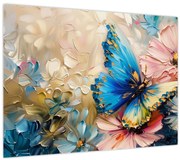Tablou pe sticlă - Pictura de flori și fluturi (70x50 cm)