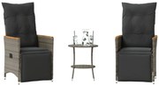 vidaXL Set bistro de grădină cu perne, 3 piese, gri, poliratan
