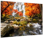 Tablou pe sticlă - Cascade în peisaj de toamnă, portocaliu (70x50 cm)