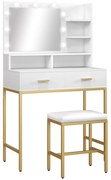 HOMCOM Masă de Machiaj cu Oglindă LED, Scaun și Rafturi, 80x40x138 cm, Alb | Aosom Romania