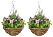 Outsunny Set 2 Ghivece de Agățat cu Plante Artificiale Lisianthus, Suport din Răchită și Bază de Ciment, Ф25x34cm | Aosom Romania