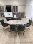 Set stella gri inchis/antracit cu auriu masa+ 6 scaune, blat gri