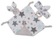 Set 3 piese din muselina Kidizi All Mint Stars, include paturica muselina, jucarie atasament si inel de dentitie din lemn