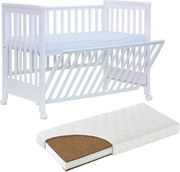 RESIGILAT Patut co-sleeping 120x60 cu laterala culisanta total si roti Treppy Dreamy Plus, integral din lemn masiv fag, reglabil pe 5 nivele, include sistem de ancorare, certificat TUV, EN716-1, EN716-2, culoare alb + saltea cocos 12 cm
