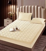 Husa matlasata tip topper din catifea, 180x200cm + 2 fete de perna 50x70cm - Crem