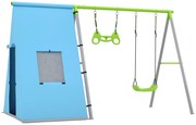 Set balansoar AIYAPLAY 3 in 1, Cort de Joacă, Balansoar, Inele de Gimnastică, Metal, Plastic, Verde | Aosom Romania
