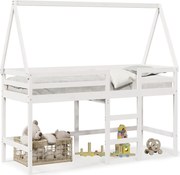 vidaXL Pat etajat cu scară și acoperiș, alb, 90x190 cm, lemn masiv pin