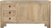 Bufet din lemn masiv de ulm, natur, cu 2 uși cu panouri, 3 sertare și mânere cu inel, aspect rustic, finisaj natural, 81 x 145 x 40 cm, „Étable”