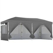 Outsunny Foișor Pliabil 3x6m Pop-Up cu 6 Pereți Laterali, Foișor de Grădină Reglabil pe Înălțime cu Saci de Nisip, Geantă cu Roți, UV50+ pentru Exterior, Gri Închis | Aosom Romania
