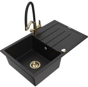 Mexen Bruno chiuvetă de granit cu un compartiment, cu picurător și baterie de bucătărie Duo, Neagră - 6513-77-671701-57-G