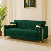 Canapea extensibila cu lada de depozitare 220x87x93 cm , detalii aurii,verde – Camara