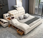 MOBLUX99 Utility 160x200 cm Beige Right Chaise – Pat Inteligent Premium cu Proiector, Vibromasaj, Boxe Bluetooth, Încărcare Wireless și Spații Multiple de Depozitare