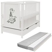 Patut din lemn masiv 120x60 cm Bria alb cu sertar si saltea antialergica cu ventilatie Air 120x60x10 cm, reglabil pe 3 nivele, certificat EN71