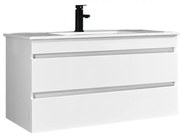 Mască de baie Cube 100 cu chiuvetă ceramică, 2 sertare, vopsită în alb lucios