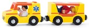 Mașină de ambulanță Woody cu păpuși pentru caleaferată, galbenă
