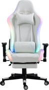 Scaun gaming cu sistem iluminare bandă LED RGB, masaj în perna lombară, suport picioare, funcție șezlong, 90-180 grade, piele PU Premium, Alb