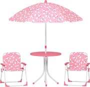 AIYAPLAY Masă de Picnic pentru Copii, Set Masă și Scaune cu 2 Scaune Pliabile și Umbrelă Detasabilă, Temă Junglă, Mobilier de Exterior pentru Grădină, Patio, Roz | Aosom Romania