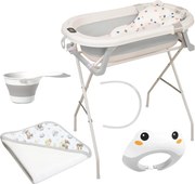 Set pentru baita bebelusului 5 in 1 Kidizi Folda Plus, culoare gri, include cadita pliabila cu termometru, dop si furtun, hamac ajustabil, stand pliabil, cana clatire pliabila, viziera ajustabila si prosop