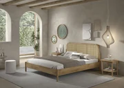 Set mobilier OLIVE copii pentru dormitor, pat 160x200 cm cu capăt rotunjit din rattan și două noptiere, culoare stejar – Vipack