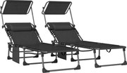 Outsunny Set de 2 șezlonguri pliabile cu suport pentru cap parasolar buzunar lateral și spătar reglabil în 5 poziții negru | Aosom Romania