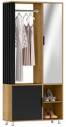 HOMCOM Dulap de haine cu oglindă și bară pentru atârnat, rafturi de depozitare, suprafețe deschise, Lemn natural, Negru | Aosom Romania
