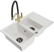 Mexen Gaspar chiuvetă de granit cu 1,5 compartimente cu picurător și baterie de bucătărie Duo, alb - 6507-20-671701-57-B
