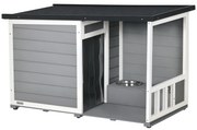 PawHut Căsuță pentru câini din lemn masiv, cu 2 boluri, verandă, rezistent la intemperii, 103 cm x 62 cm x 66 cm, Gri + Alb | Aosom Romania