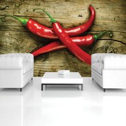 Fototapet - Chili ardei pe scănduri (254x184 cm)