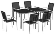 Outsunny Set de mobilier de grădină 6 scaune + 1 masă din oțel salon de grădină 7 piese scaune empilabile placă din sticlă securizată negru | Aosom Romania