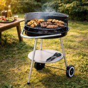 Grătar BBQ rotund pe cărbuni Ø47 cm, cu raft și roți, reglabil, pentru grădină și outdoor