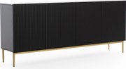 Comodă Nicole 200 cm cu patru uși, fronturi riflate - negru mat / picioare aurii