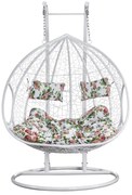 Fotoliu leagan dublu, suspendat, cu perne moi, rezistente la UV, împletitură tip răchită, structură metalică, pentru interior și exterior, Alb/Floral