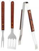 Set 3 ustensile gratar din inox HouseXL, manere din lemn, cleste, spatula, furculita gratar